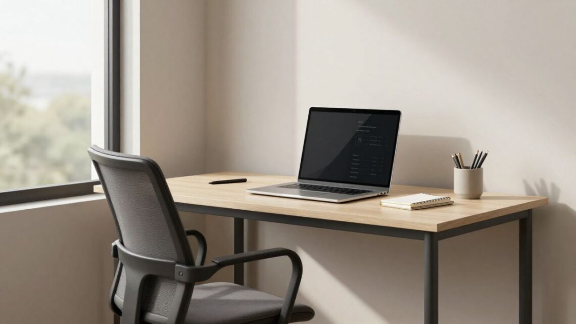 Funkcionalno uređena kućna kancelarija sa ergonomskim radnim stolom, prirodnim svetlom i urednim radnim prostorom koji podržava dugotrajan fokus.