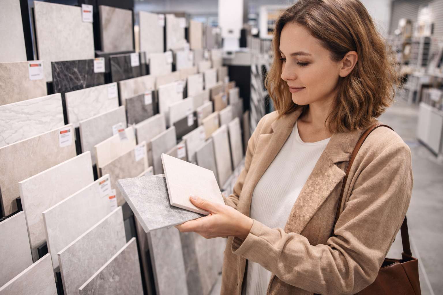 Zena u kupovini plocica za moderno kupatilo