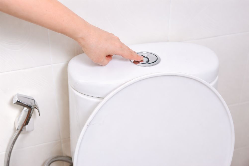 Ruka pritiska dugme na modernom vodokotliću sa dvostrukim ispiranjem