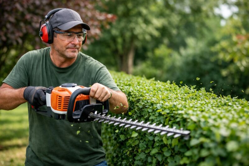 Čovek sa zaštitnom opremom koristi trimer za živu ogradu dok precizno skraćuje gustu zelenu živu ogradu u dvorištu