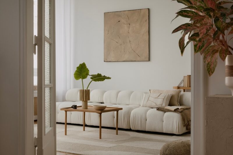 Svetao dnevni boravak sa belom sofom, drvenim stočićem i zelenim biljkama u minimalističkom stilu