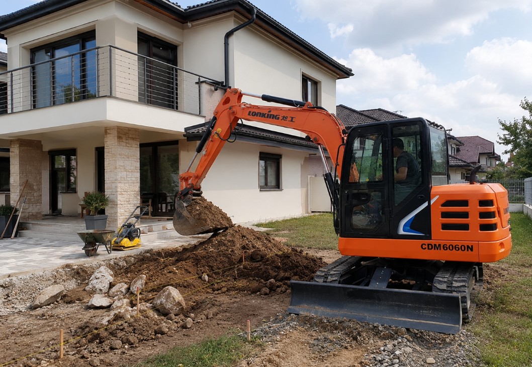Narandžasti mini bager uređuje dvorište velike porodične kuće tokom renoviranja