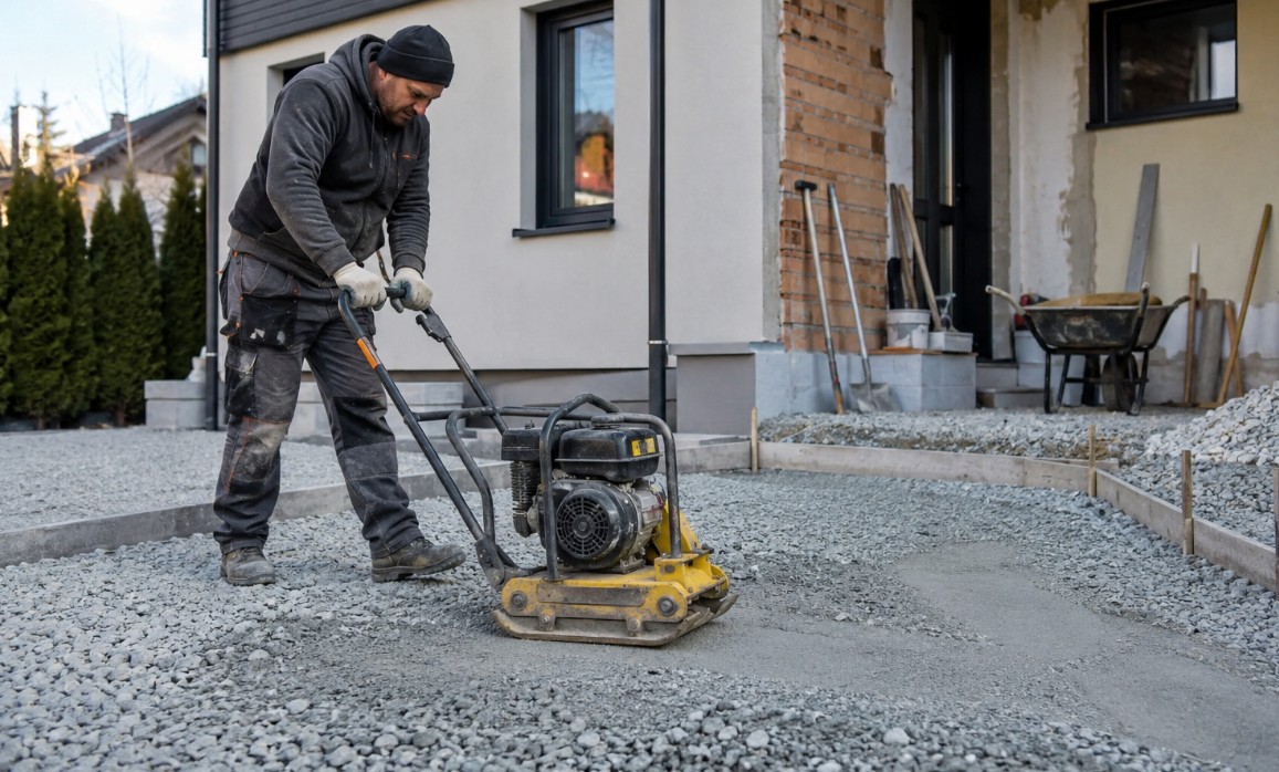 Radnik vibro-pločom sabija sloj šljunka ispred porodične kuće tokom pripreme podloge za betoniranje