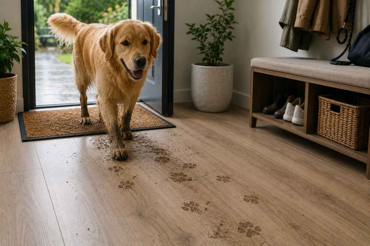 pas ulazi u stan sa prljavim šapama i ostavlja prljave tragove