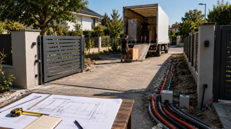 Kamion za dostavu prilazi širokom dvorišnom ulazu dok se proveravaju prostor za prolaz, prilazna površina i instalacije.