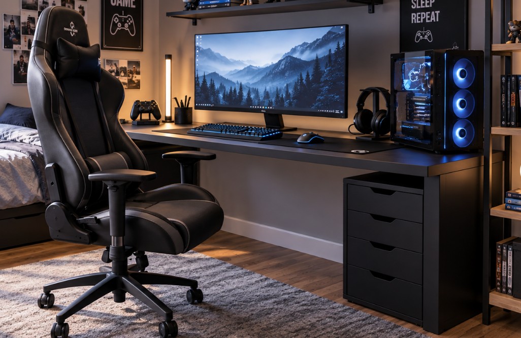 Gejmerski sto sa monitorom i ergonomskom stolicom u tinejdžerskoj sobi